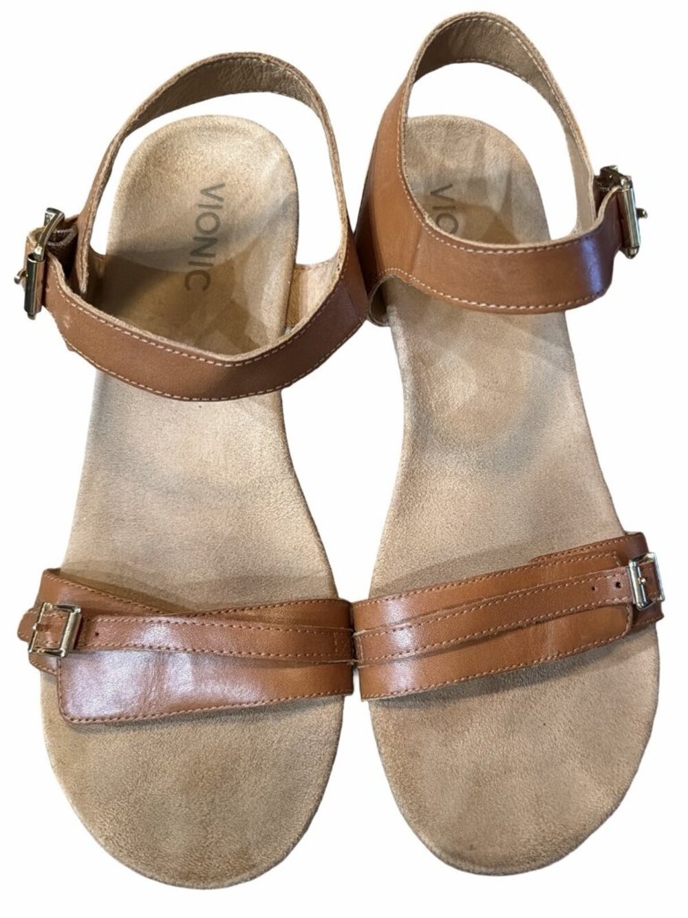 Vionic Laurie Leather Comfort Wedge Sandals Size 9.5 Cognac Arch Support Coastal